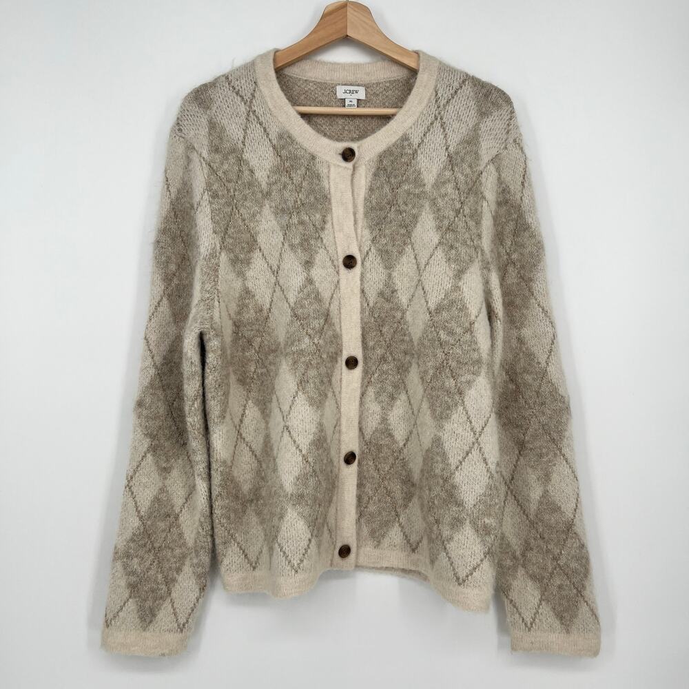 J.Crew Factory Argyle Cardigan Sweater Womens XL Pale Toasted Cream Tan Metallic